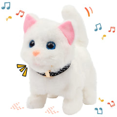 Easfan Walking Kitty plush, front view, soft white fur with pink ears and blue eyes.