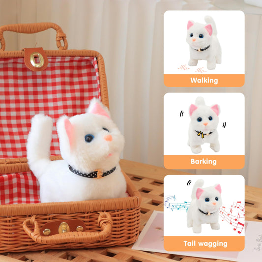 Easfan Walking Kitty plush, walking action showing motion and playful posture.