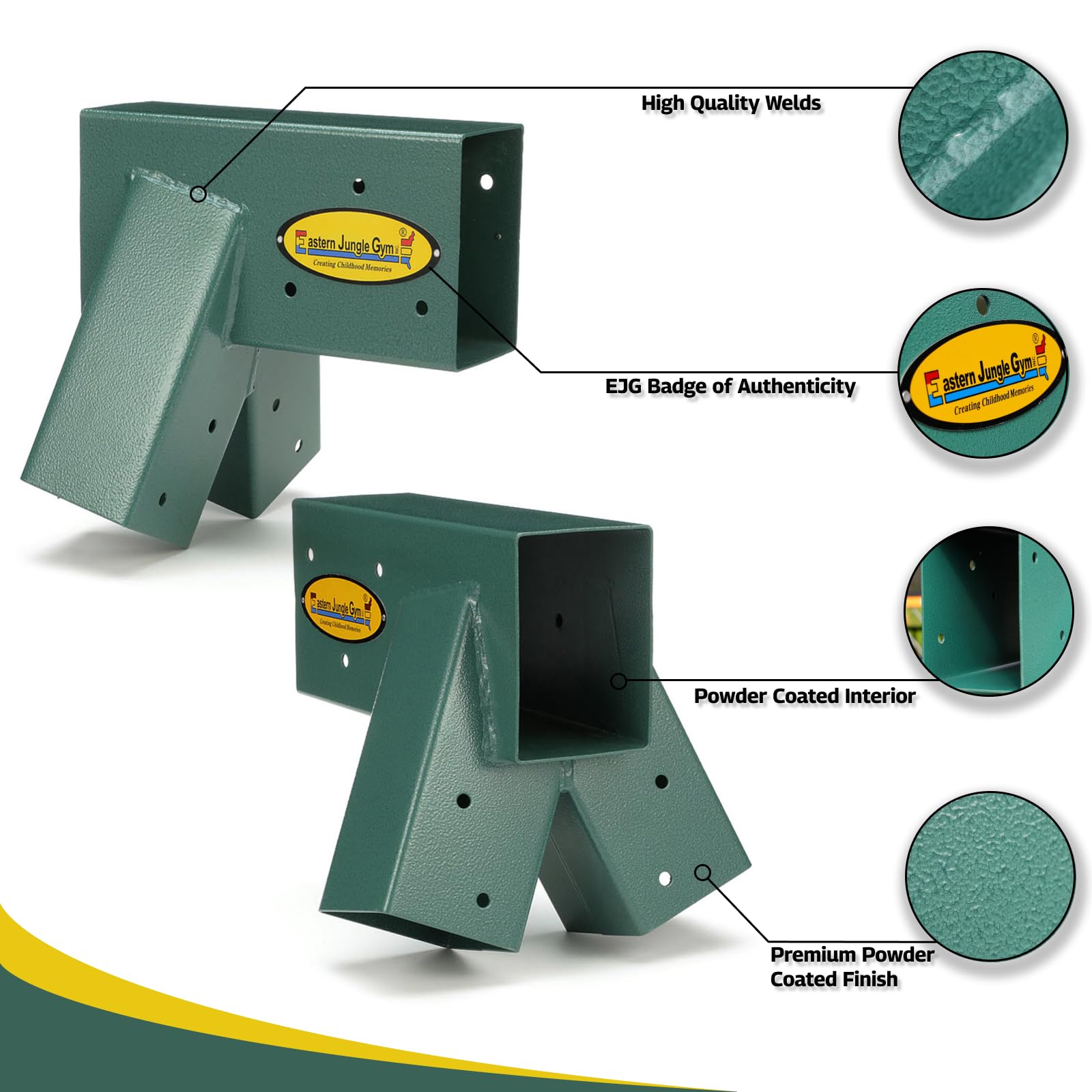 Eastern Jungle Gym brackets with heavy-duty welded seams emphasize strength for free-standing frames.