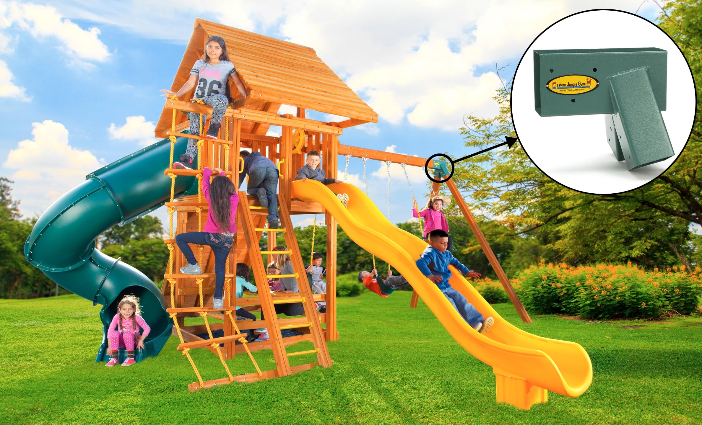 Eastern Jungle Gym zinc powder-coated green finish resists weather and corrosion.