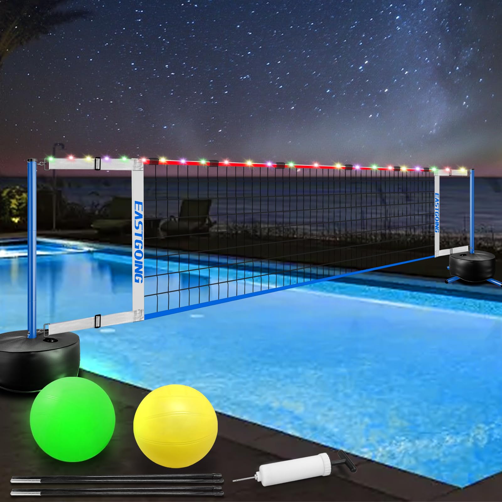 Eastgoing pool volleyball net with LED light for night play