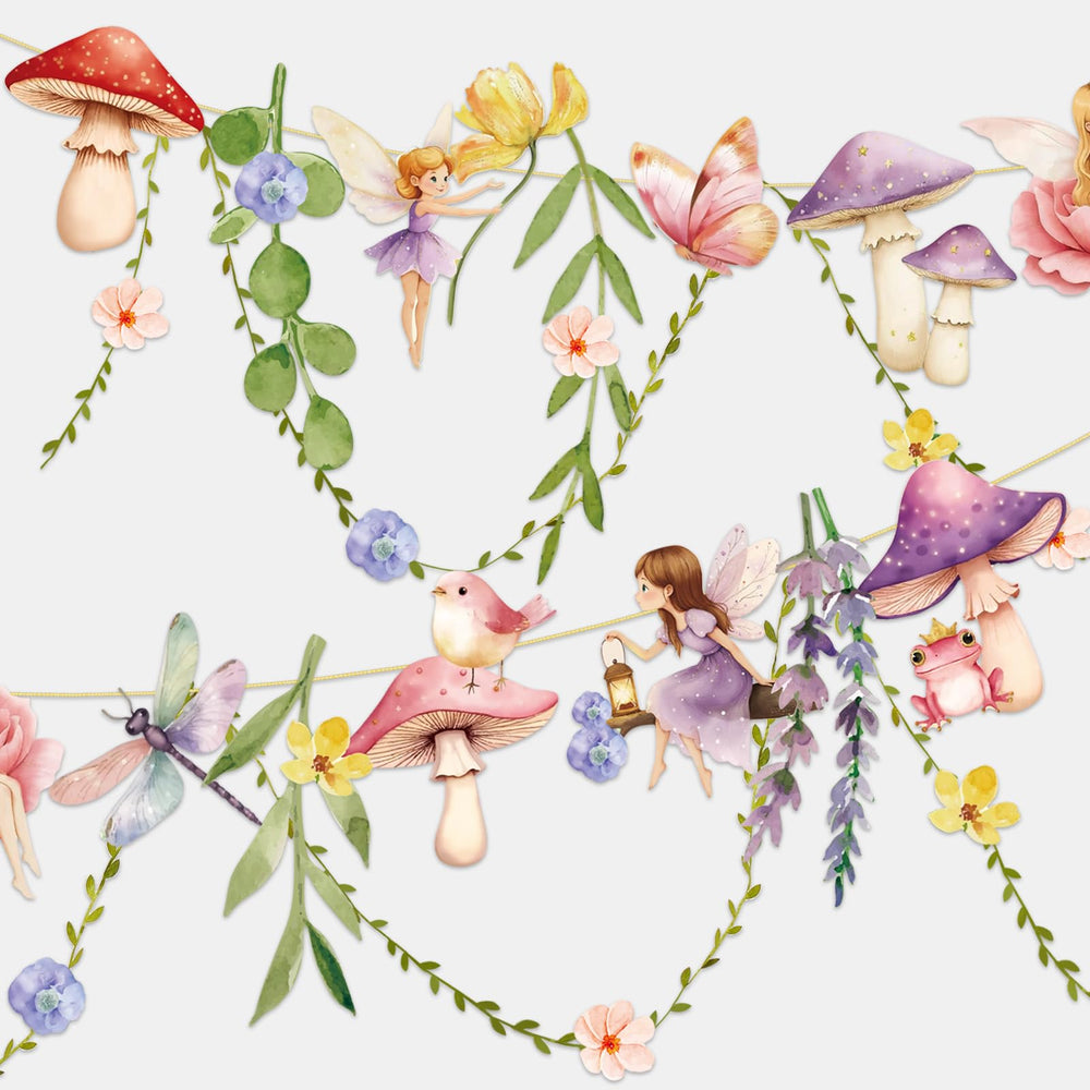Easy Joy Fairy Mushroom Banner close-up with vibrant wildflowers for a cheerful backdrop.