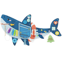 Easyego shark-themed wall busy board panel for toddlers with tactile exploration.