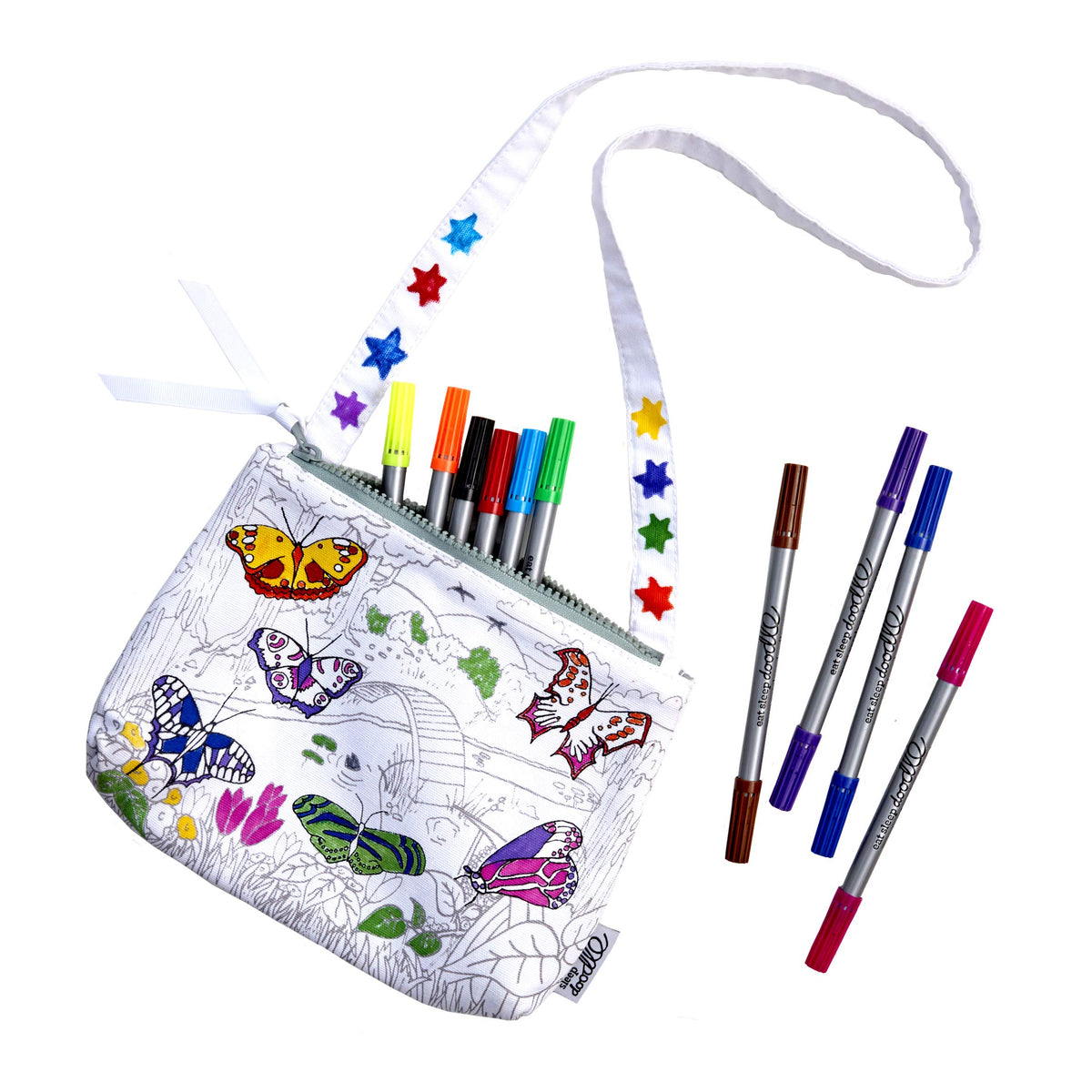 eatsleepdoodle butterfly crossbody bag colorable design, ideal for kid-friendly travel art
