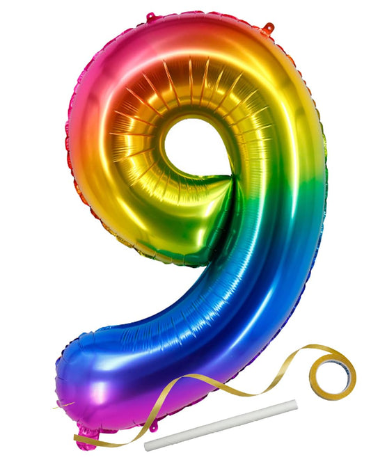 EBAIJQUO Rainbow9 large 40-inch foil balloon as a vibrant birthday centerpiece.