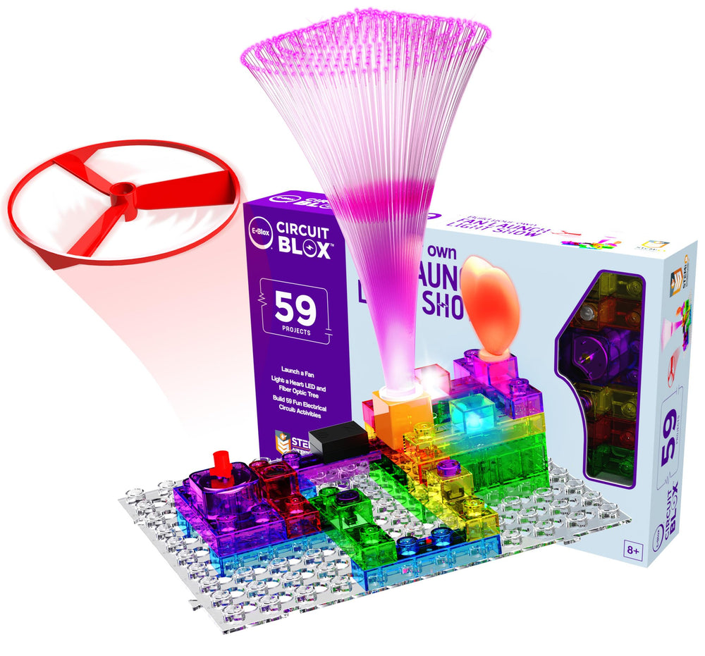 E-Blox Building Blocks Kit showing fan-launch project with lights and sounds.