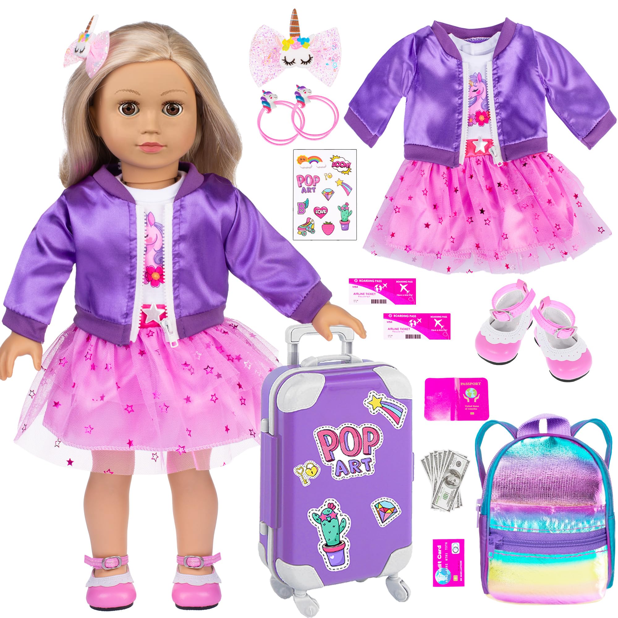 ebuddy 18 inch doll clothes travel set shows purple dress and coat for creative play