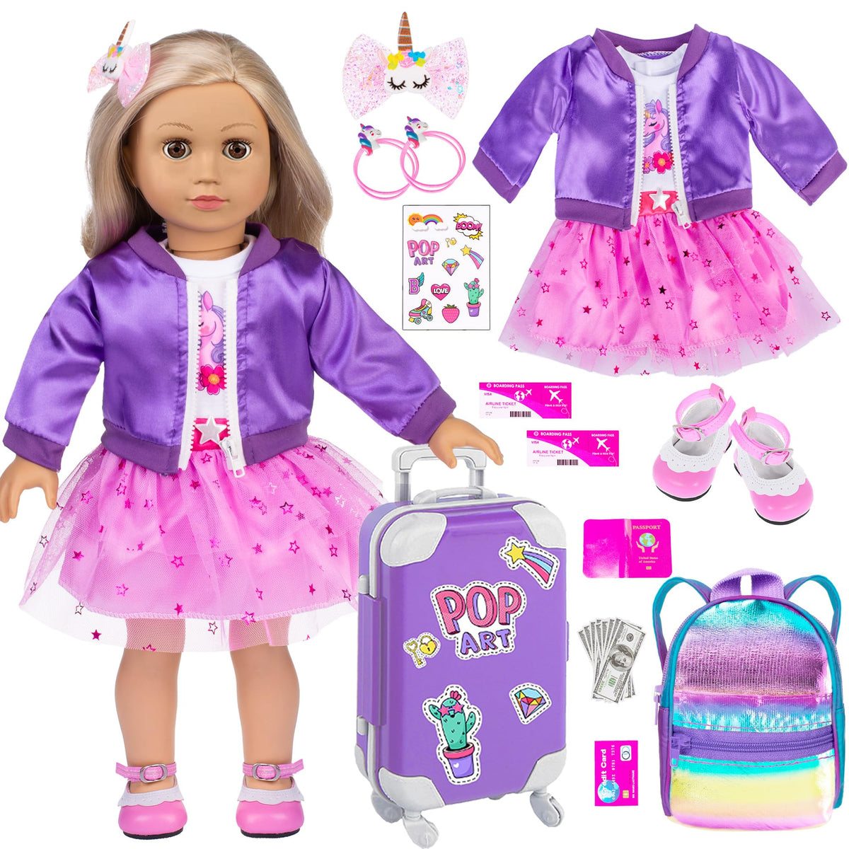 ebuddy 18 inch doll clothes travel set shows purple dress and coat for creative play