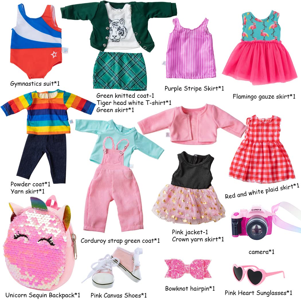 ebuddy 18-inch doll shoes complete the outfits for easy dress-up.