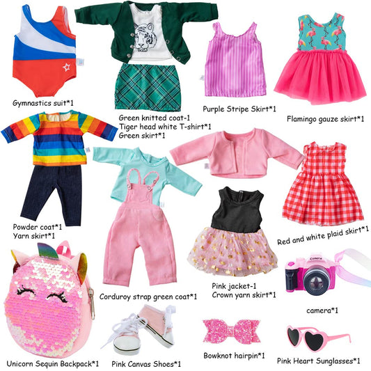 ebuddy 18-inch doll shoes complete the outfits for easy dress-up.