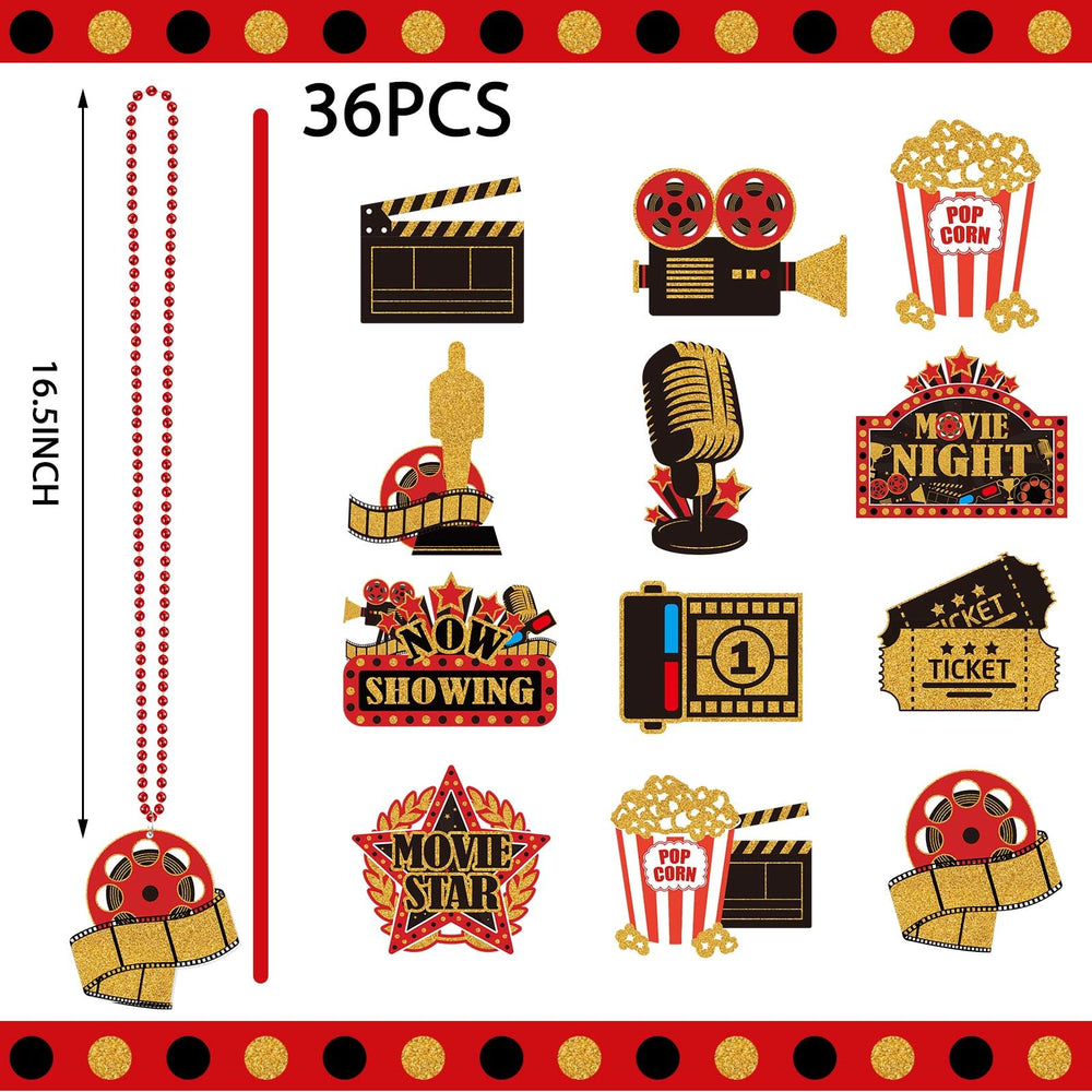 Ecally red-black-gold ticket necklace showcases movie-night glam for photos.