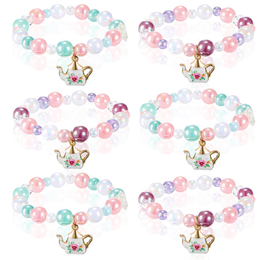 Ecally tea party bracelet set with mini flower teapot charms for party favors.