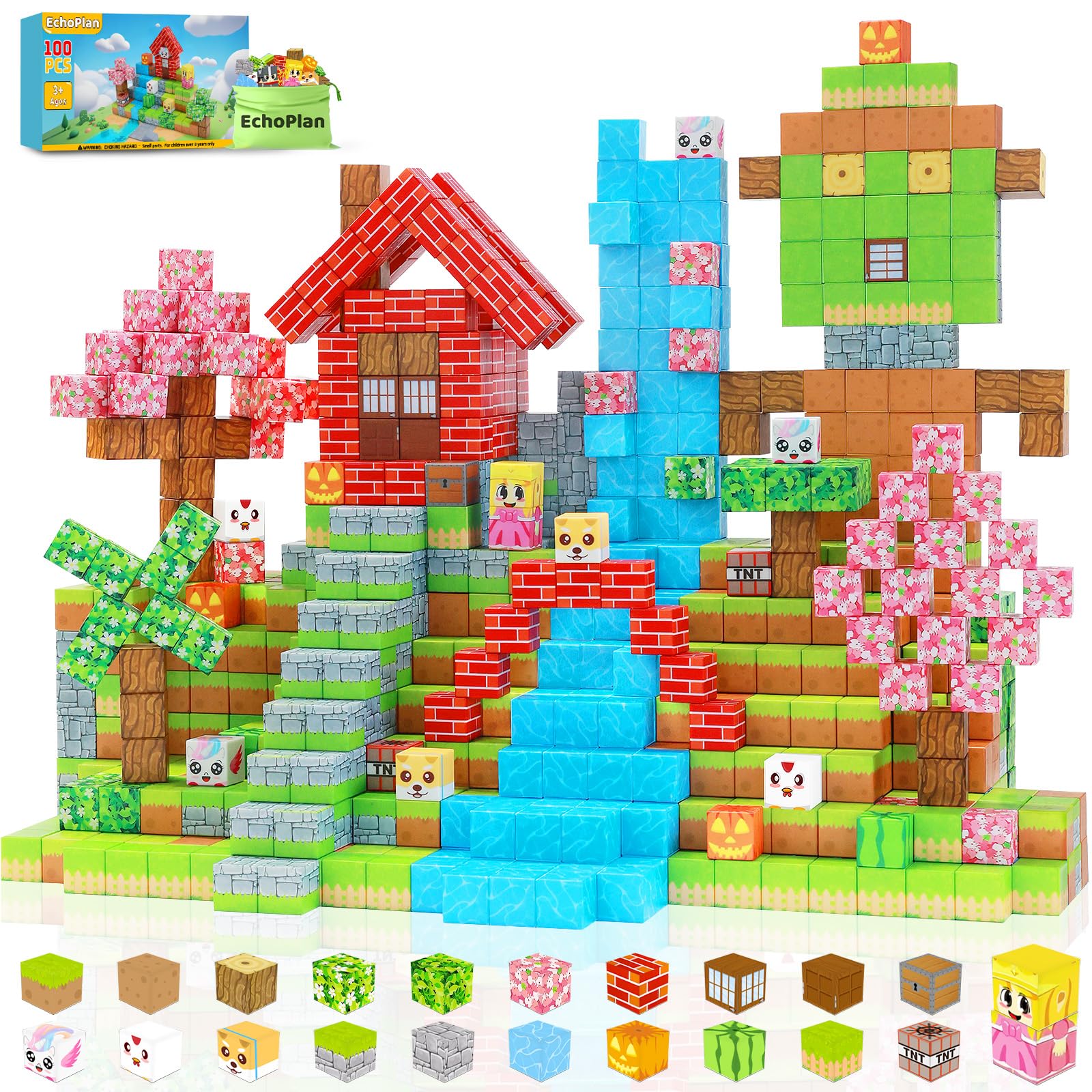 EchoPlan magnetic blocks assemble a farmyard scene for imaginative, open-ended play.