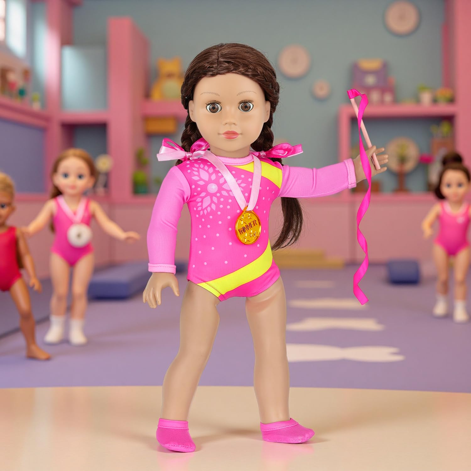 Ecore Fun gymnastics shoes complement the leotard for realistic practice-inspired scenes.