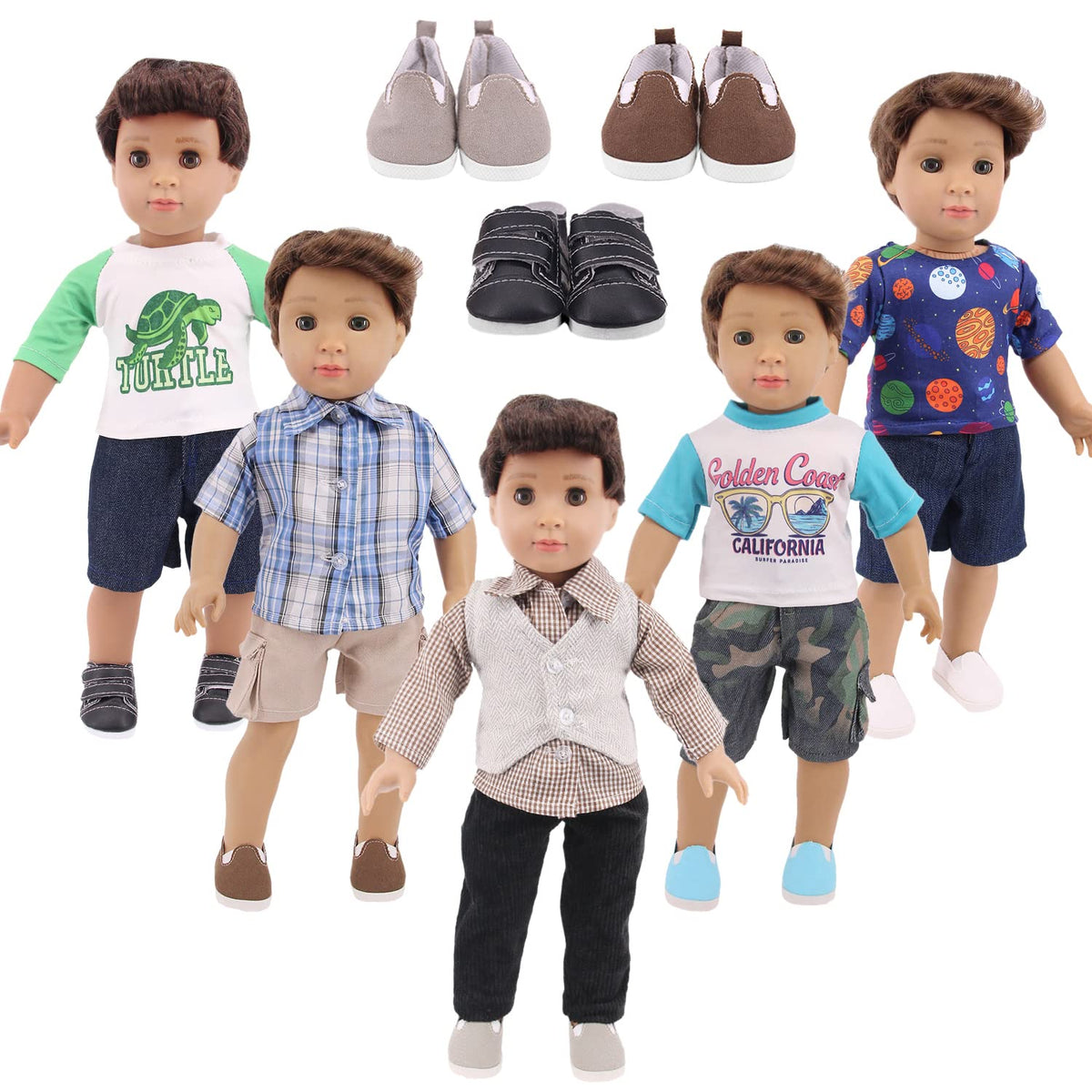 Ecore Fun 5 sets boy doll clothes for 18-inch dolls, ready for imaginative dress-up.