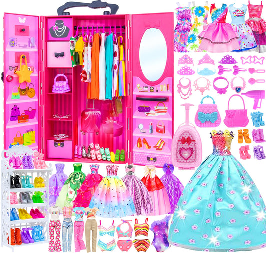 Ecore Fun doll closet wardrobe for 11.5-inch dolls, keeps outfits organized for easy styling.