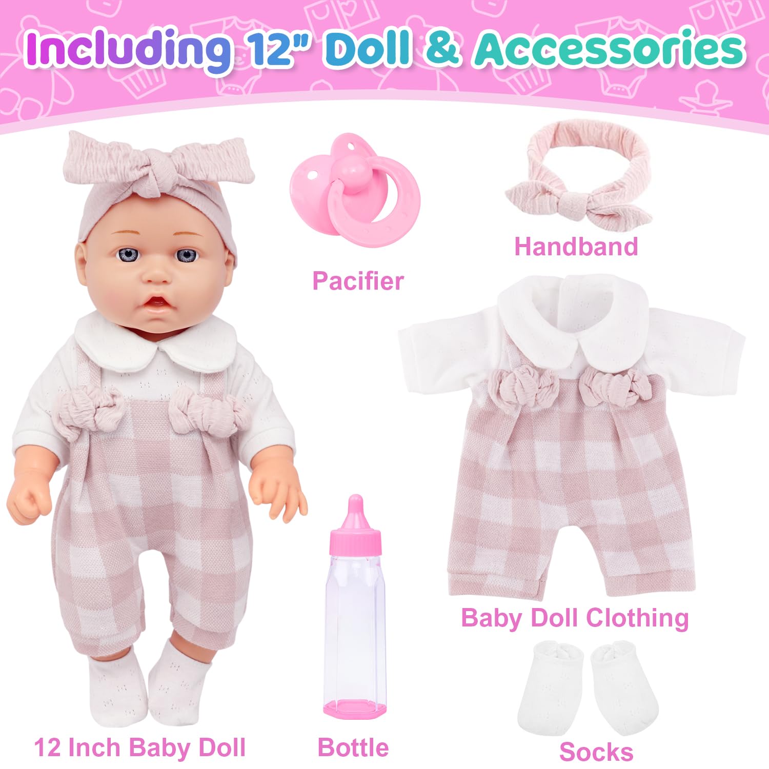 Ecore Fun pink checkered romper displayed on the doll, easy to remove and wash after play