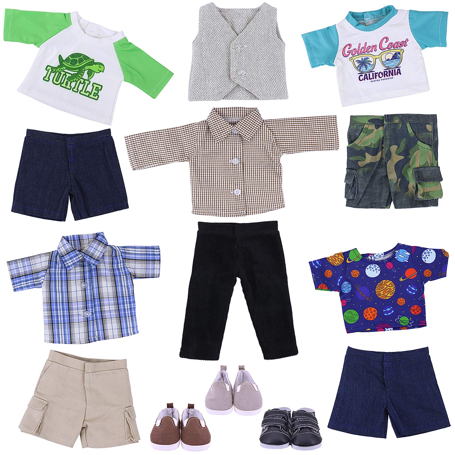 Ecore Fun plaid shirt suit for 18-inch boy dolls enhances styling and playtime realism.
