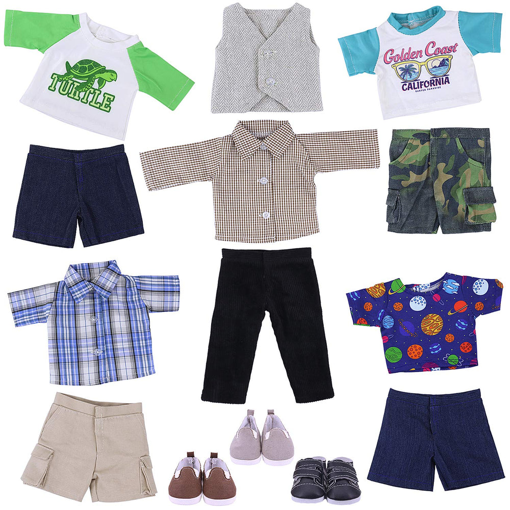 Ecore Fun plaid shirt suit for 18-inch boy dolls enhances styling and playtime realism.