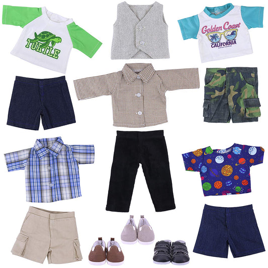 Ecore Fun plaid shirt suit for 18-inch boy dolls enhances styling and playtime realism.
