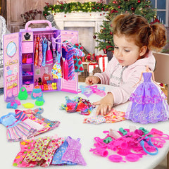 Ecore Fun fold-out rack with drawers helps organize doll clothes.
