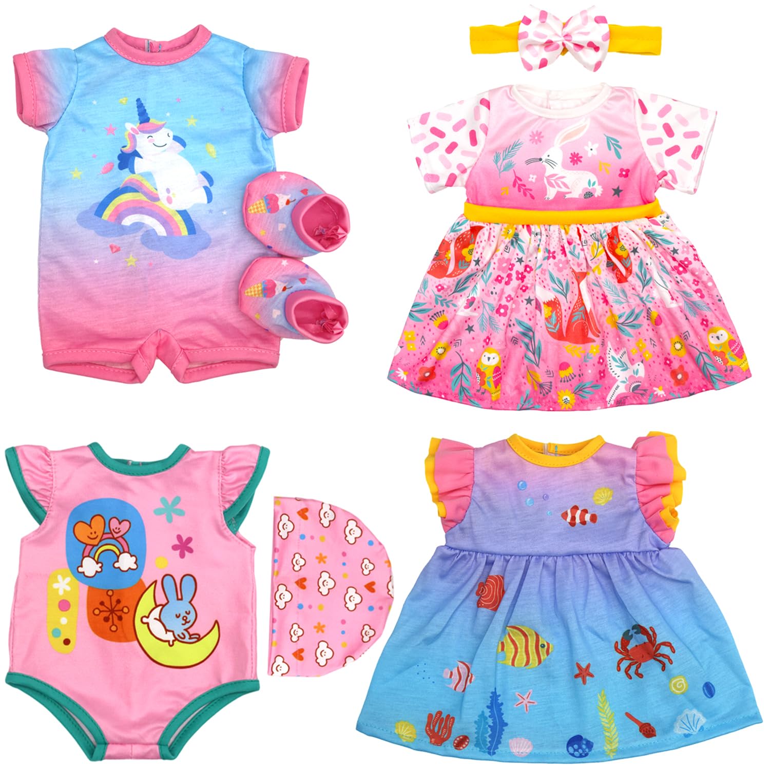 ECORELF 4-set doll clothes pack with dresses and jumpsuits for 14-16 inch dolls.