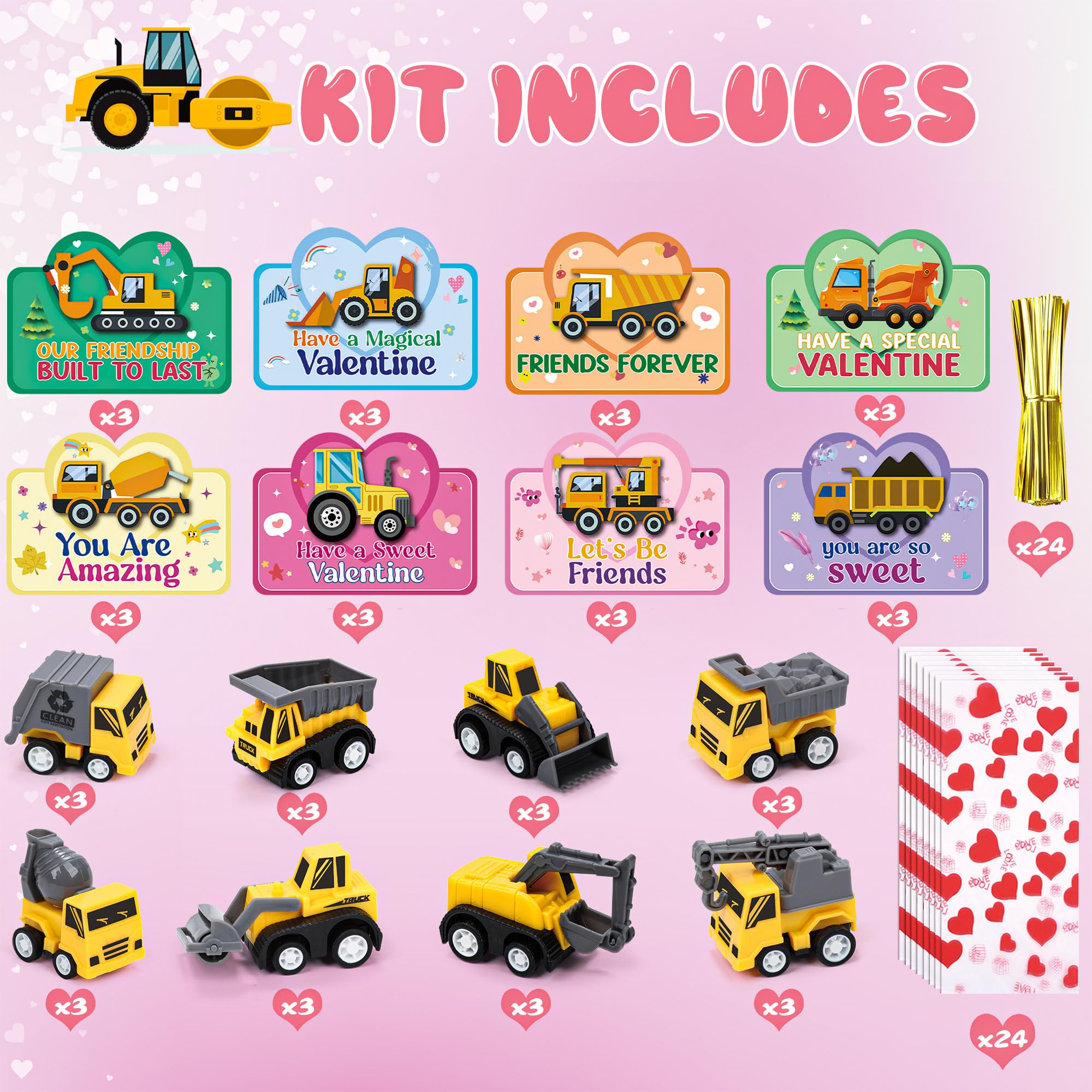edoia construction vehicles toys set complements valentines cards, fun gift for classmates