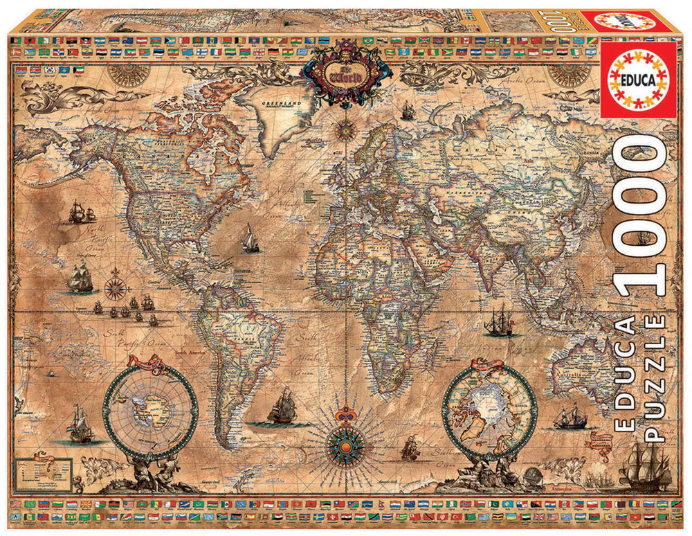 Educa Antique World Map puzzle assembly on table, classic map challenge.