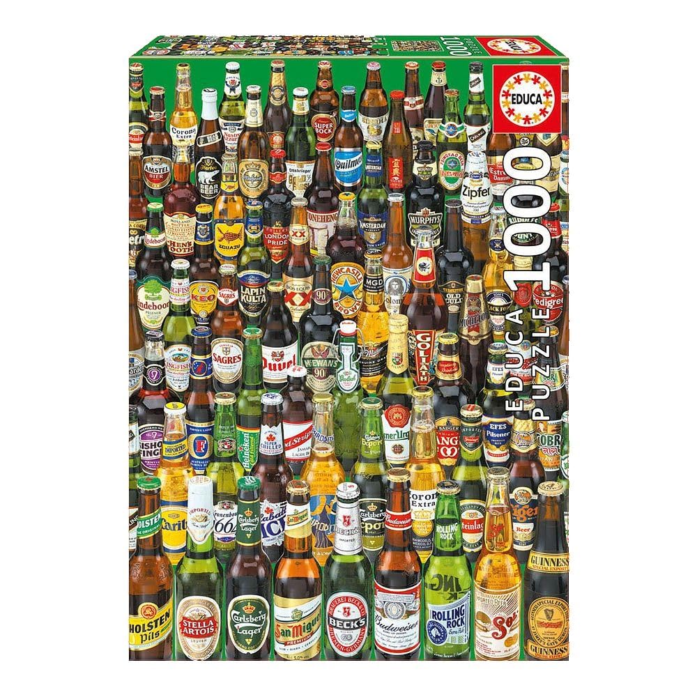 Educa Beers 1000-piece puzzle featuring beer bottles; ideal for a relaxing evening challenge.