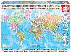 Educa political world-map puzzle box front shows 1500 pieces ready for exploration.