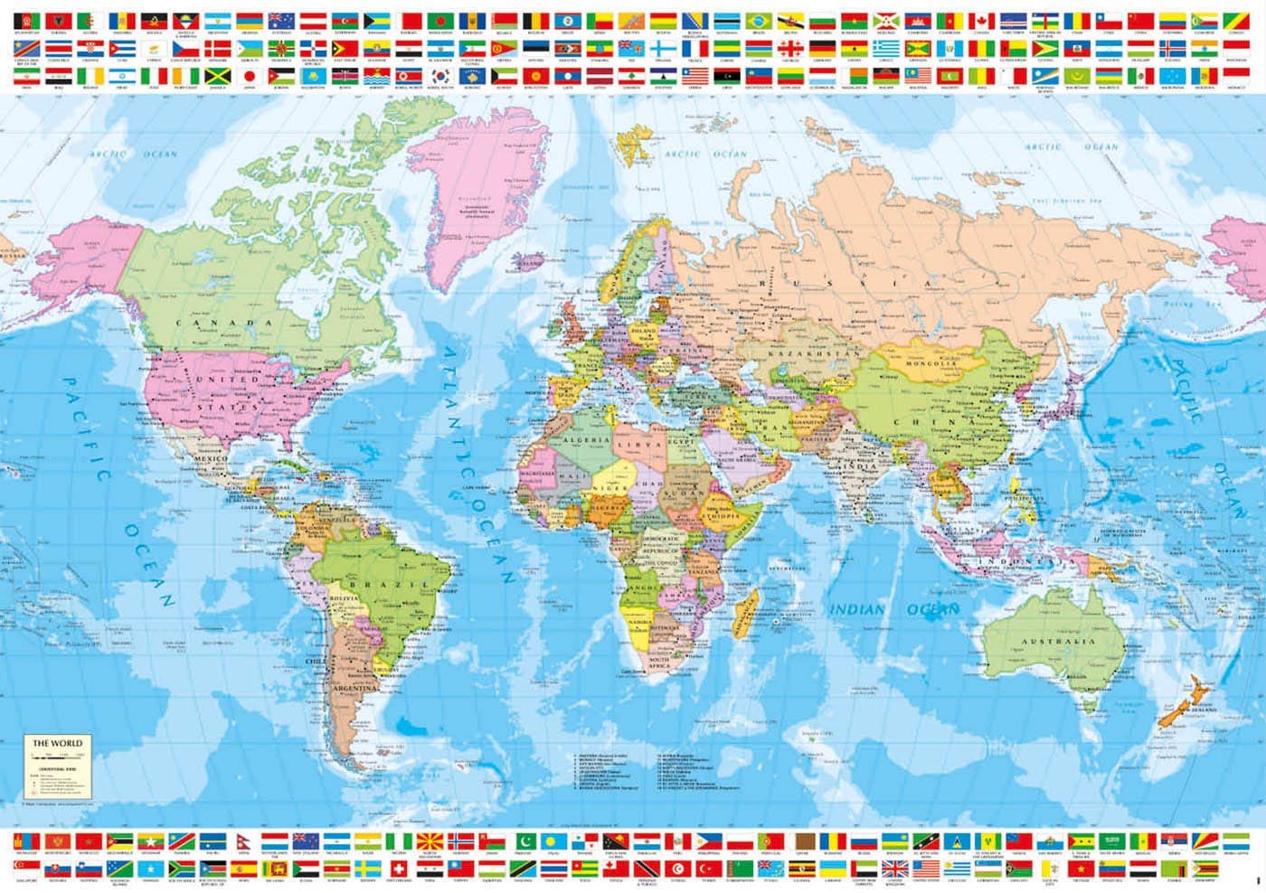 Educa world-map puzzle reveals 195-country flags in a detailed geographic layout.