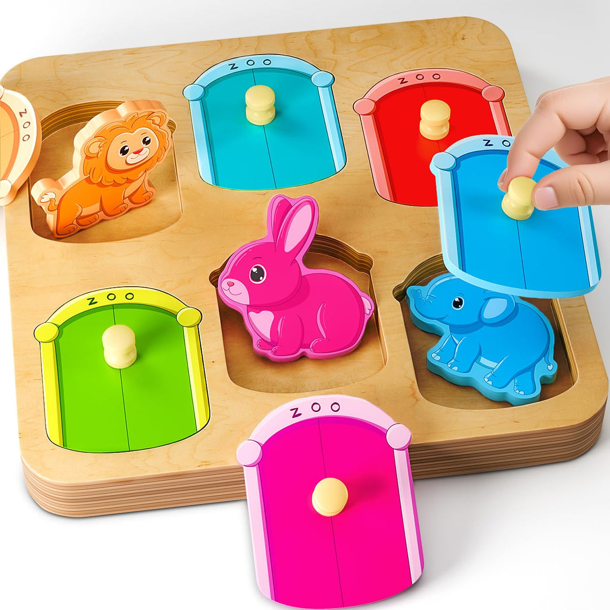 EDUJOY Wooden Animal Peg Puzzle with colorful pieces for color matching and play