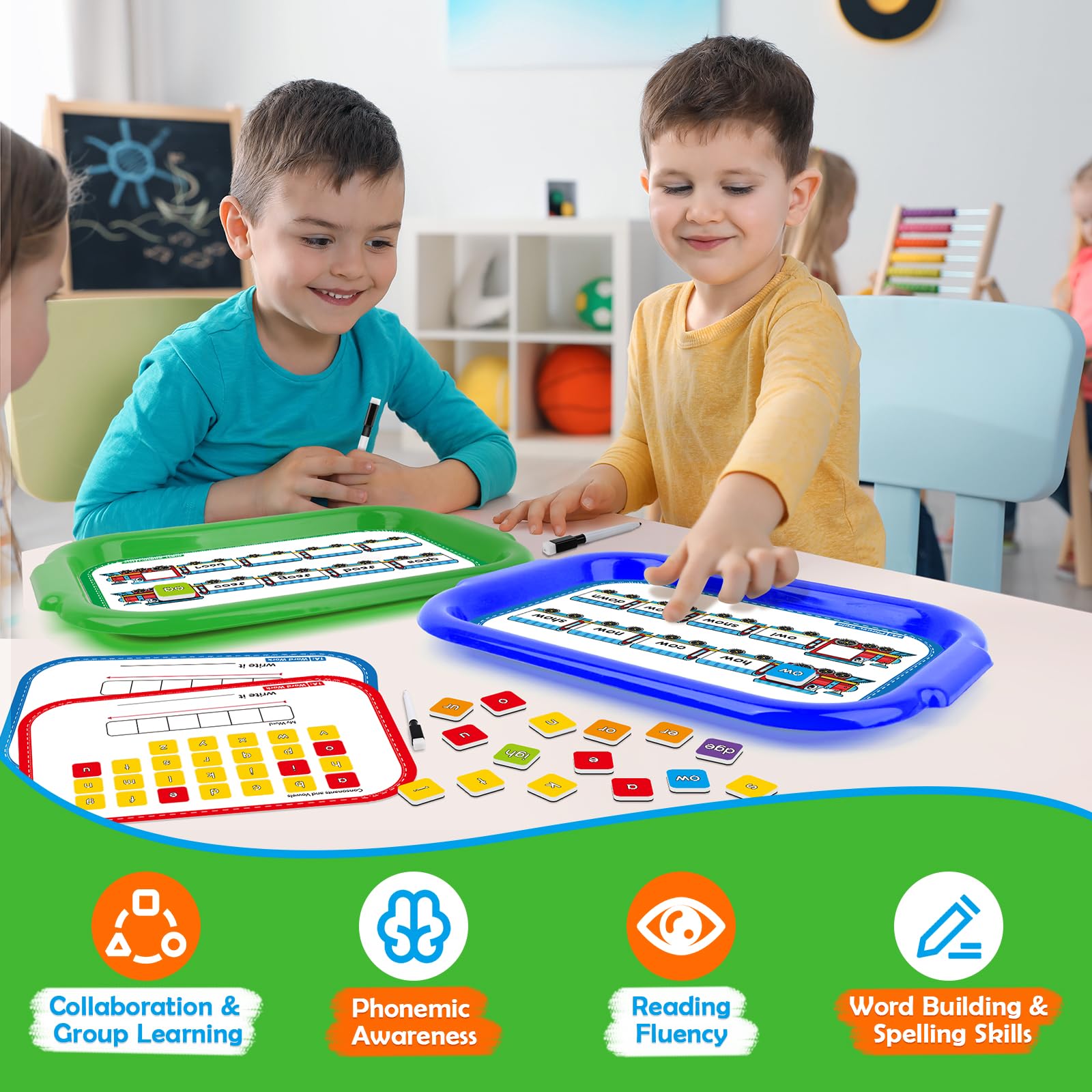 Double-sided dry-erase mats keep activities organized and easy to reuse