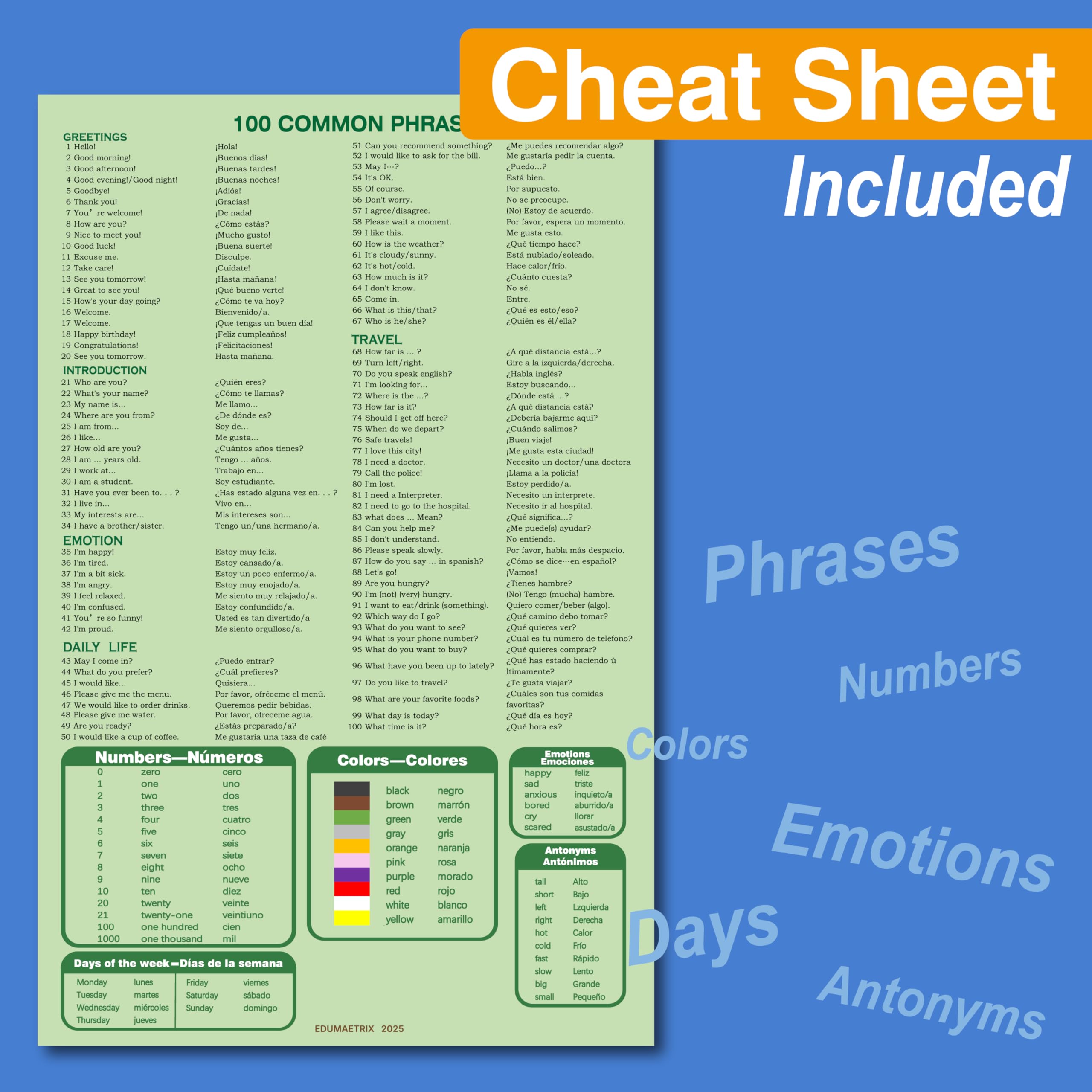 EDUMAETRIX flash cards back view showing pronunciation and categories for quick learning