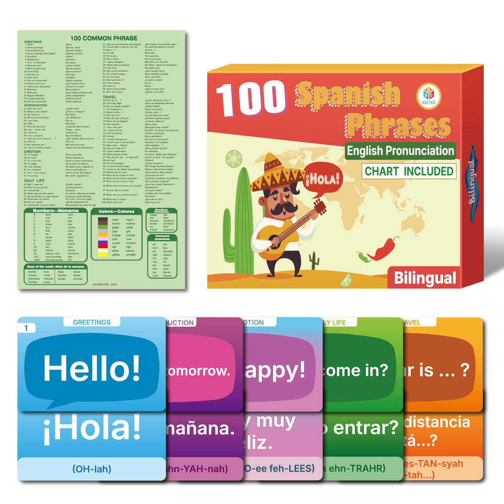 EDUMAETRIX flash cards front view with bilingual phrases for immediate practice