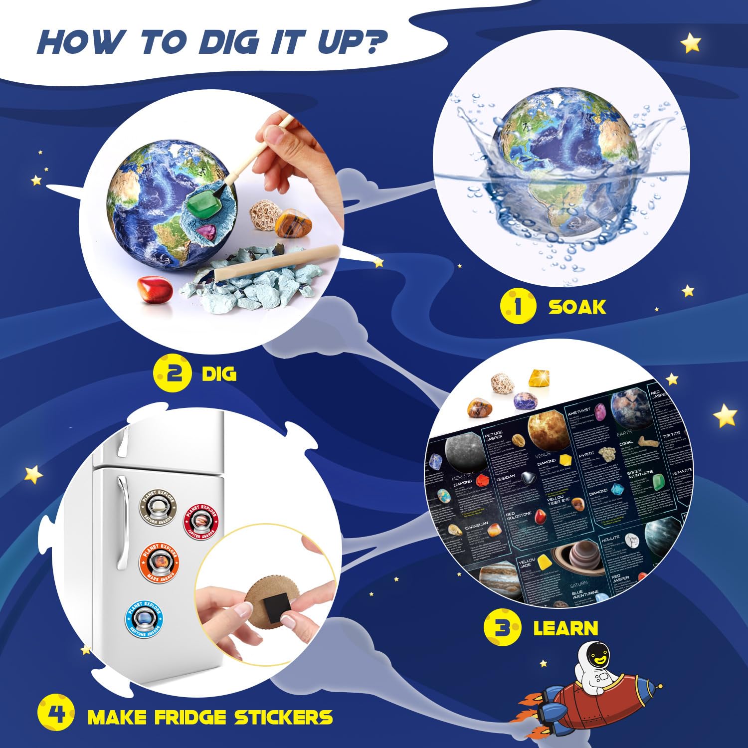 EDUMAN Gemstone Dig Kit reveals space rocks and gems to discover.