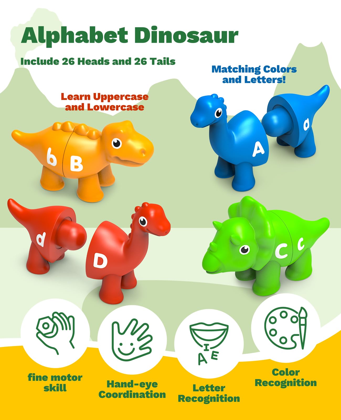 Edumoteso Montessori dinosaur cards for early phonics and fine motor practice.