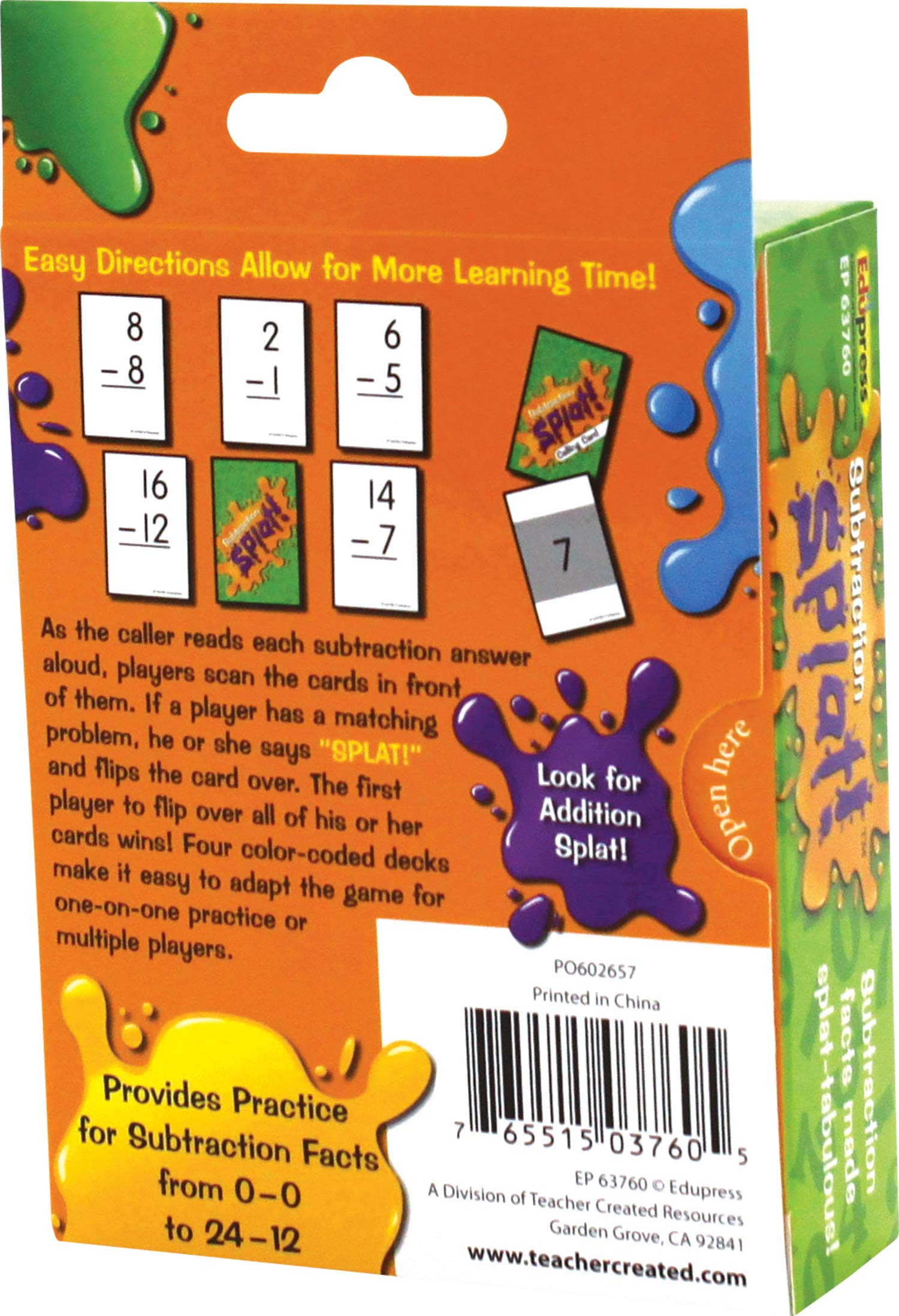 Edupress Math Splat color-coded decks simplify group or solo practice