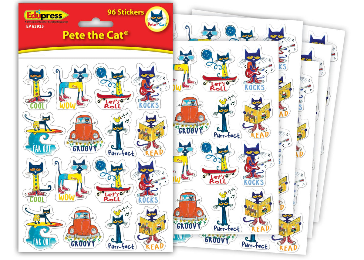 Edupress Pete the Cat stickers eight designs for classroom motivation and decorative bulletin boards.