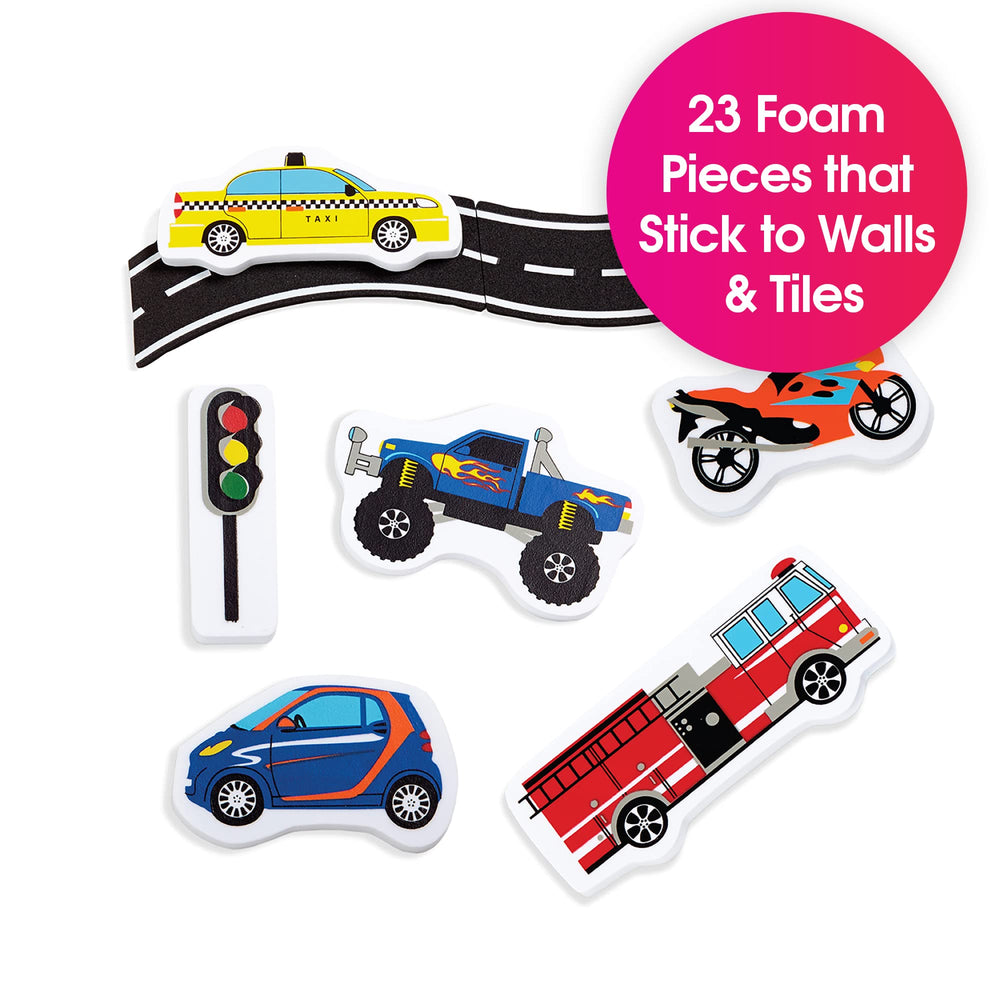 Edushape traffic foam pieces arranged to form imaginative bath-time city.