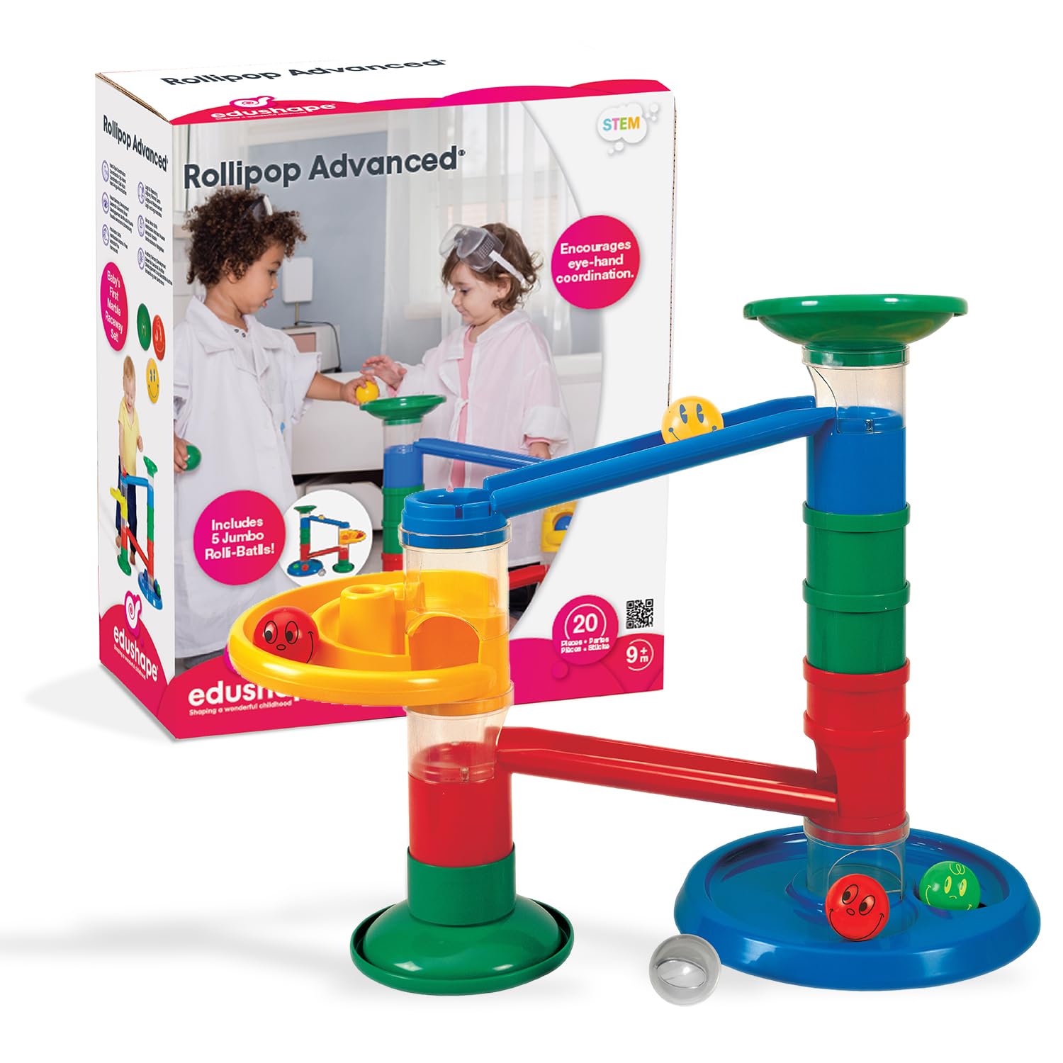 Edushape Rollipop advanced marble run assembly demonstrates a complex track setup for curious minds.