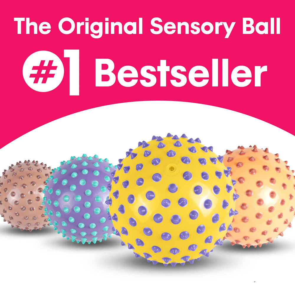 Bright Edushape ball close-up emphasizes contrasting nubs for visual tracking.