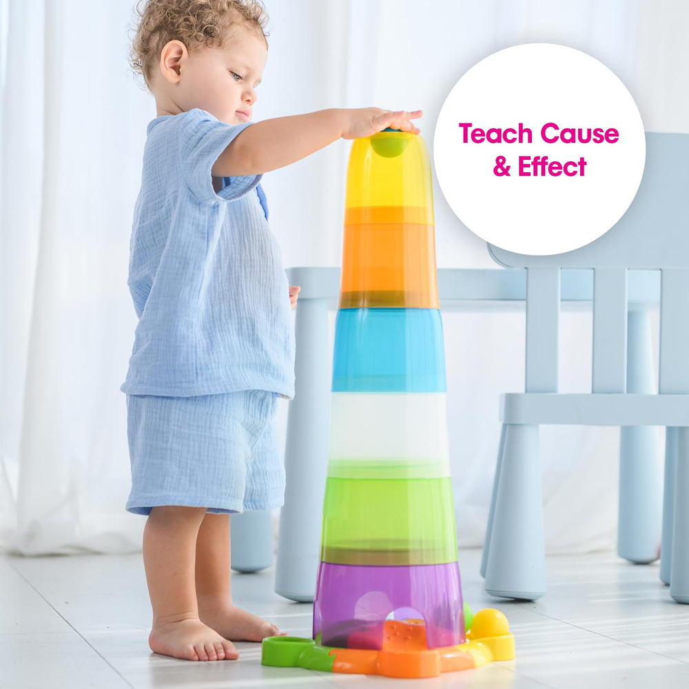 Edushape Stack & Drop Tower: colorful cups support color and shape recognition.