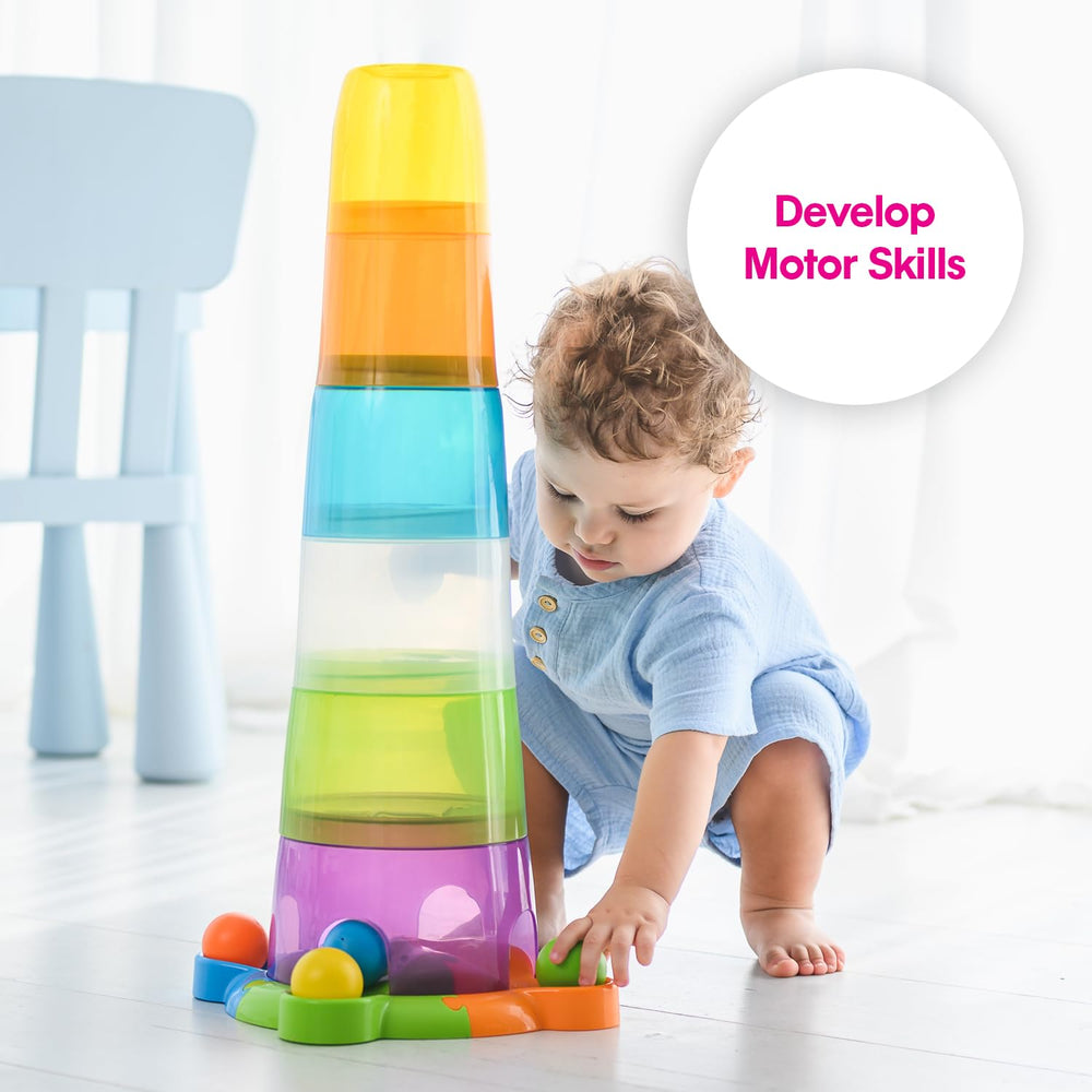 Edushape Stack & Drop Tower: easy grasp design aids hand–eye coordination.