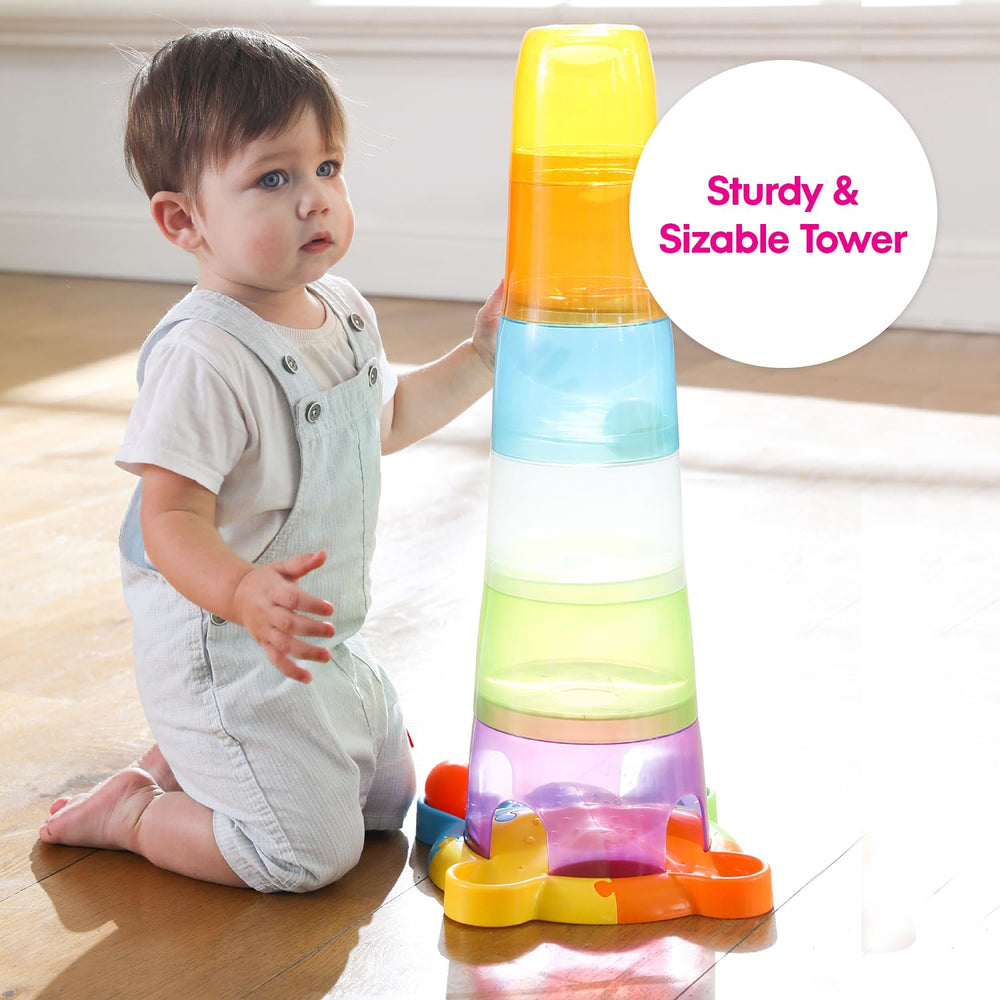 Edushape Stack & Drop Tower: toddler friendly cups enhance fine motor development.