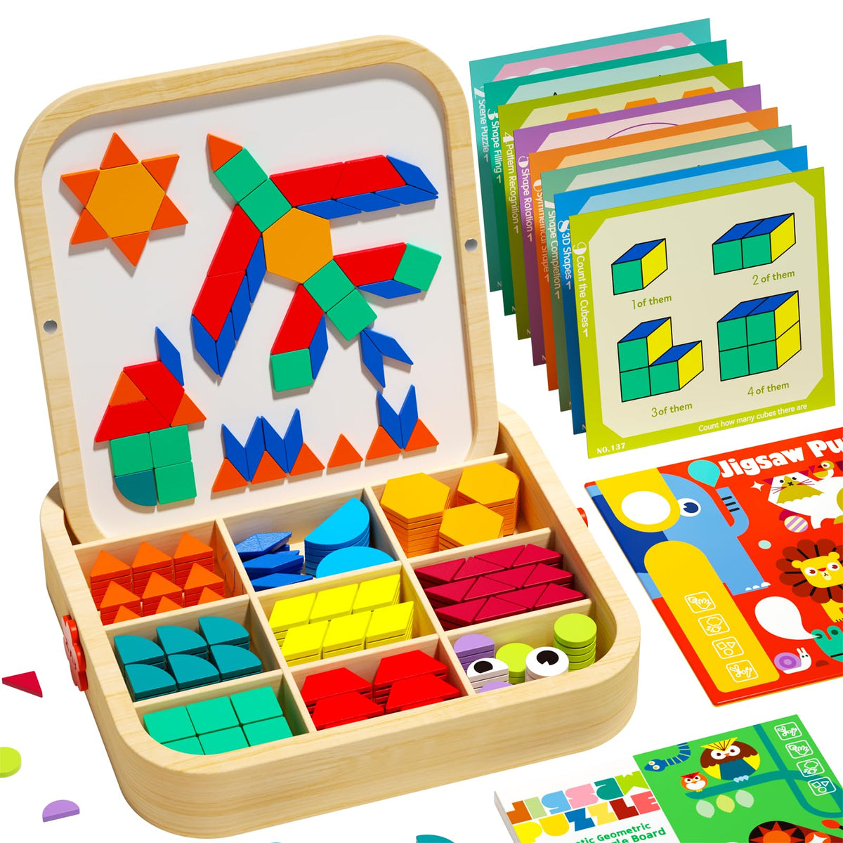 edutree wooden magnetic pattern blocks set with 288 pieces for progressive tangram play