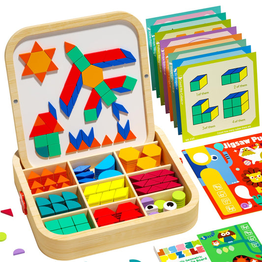 edutree wooden magnetic pattern blocks set with 288 pieces for progressive tangram play