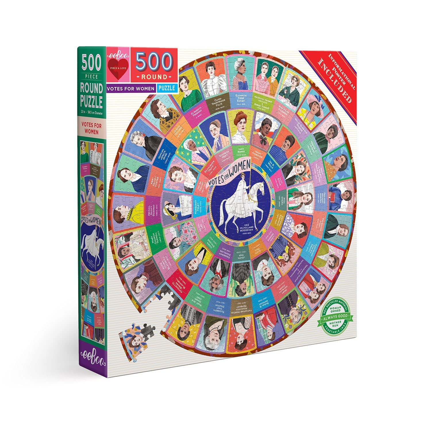 eeBoo Votes for Women round puzzle 23-inch cover with vibrant artwork for shared family time