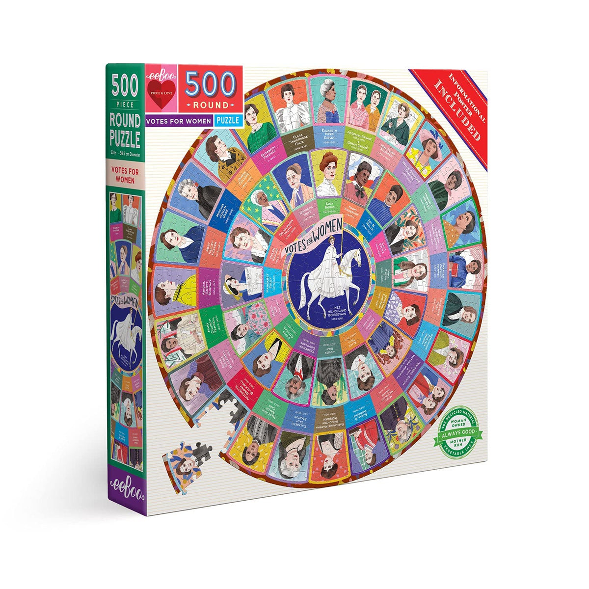 eeBoo Votes for Women round puzzle 23-inch cover with vibrant artwork for shared family time