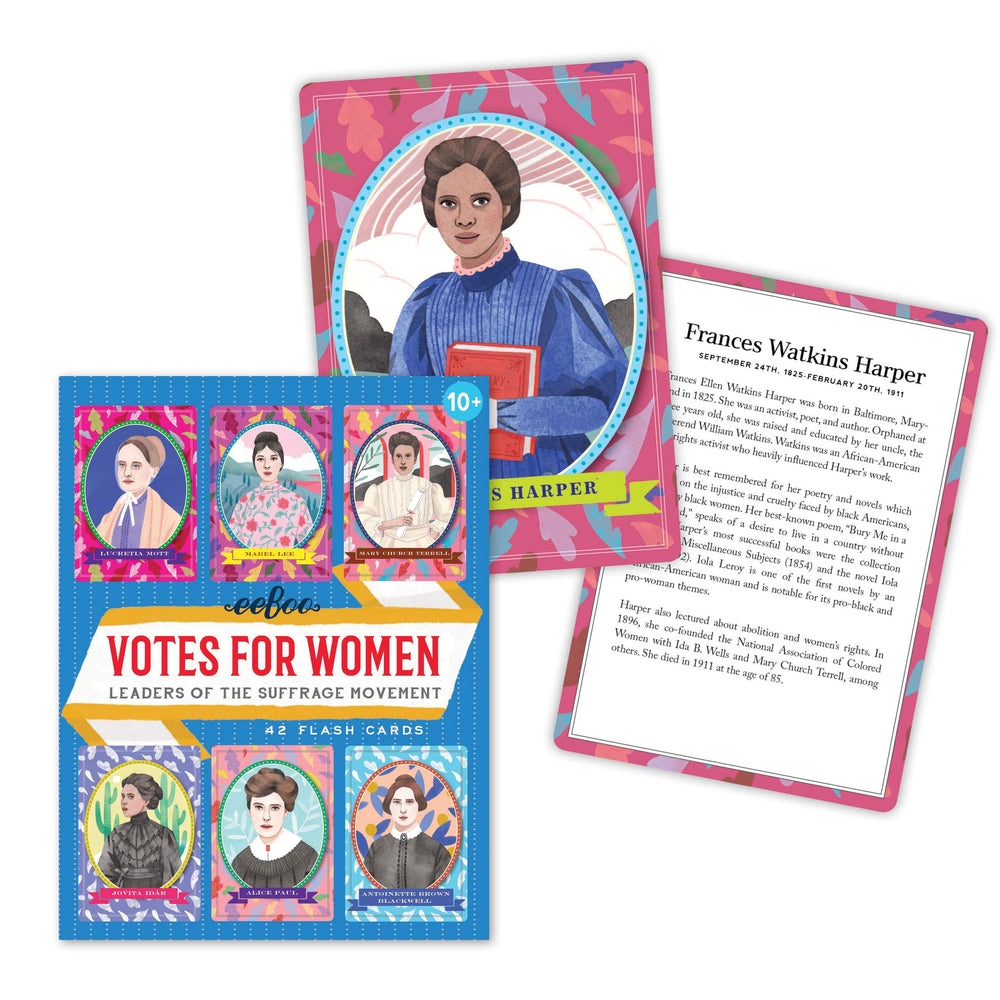 eeBoo Votes for Women flashcards show vivid illustrations of suffrage leaders for engaging learning